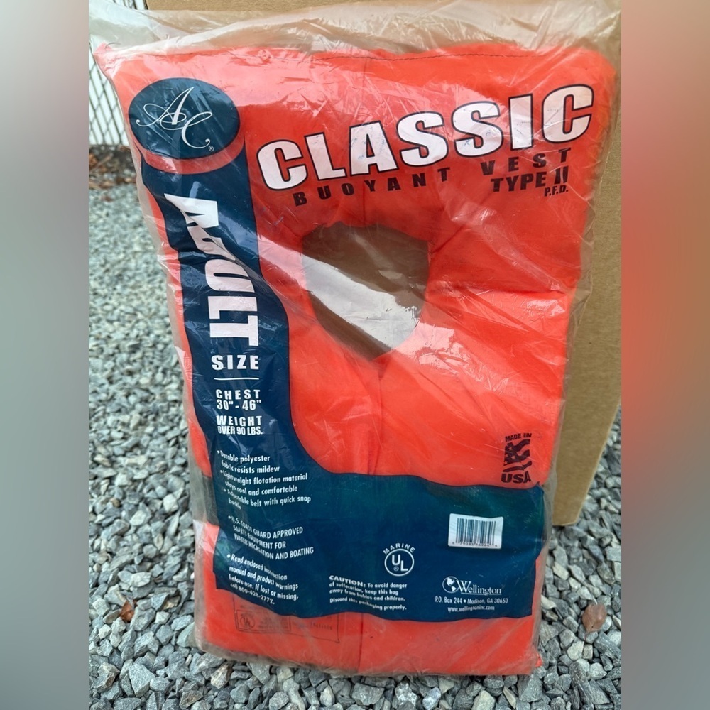 Classic Buoyant Vest Type II PFD Orange Adult Life Vest New